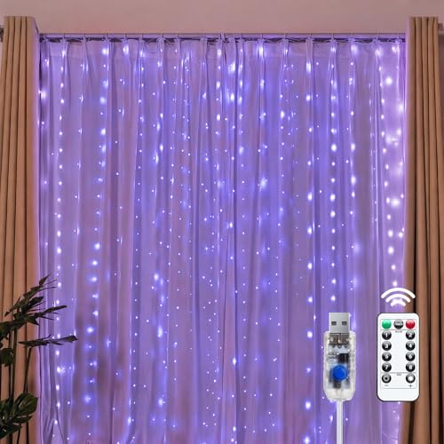 Brightown 300 LED Purple Fairy Curtain Lights, 9.8ft x 9.8ft String Lights, USB Plug in 8 Lighting Modes Christmas String Hanging Lights with Remote for Bedroom Indoor Outdoor Party Xmas Purple 1 Pack - color: Purple, size: 1 Pack-300 LED-USB Plug