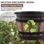 Quarut 3 Pack 10 inch Plant Pots,Whiskey Barrel Planters with Drainage Holes & Saucer, Plastic Decoration Flower Pots Imitation Wine Barrel Design, for Indoor & Outdoor Garden Home Plants (Brown) - size: 10 inches