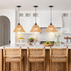 Boho Battery Operated Pendant Lights,Rechargeable Pendant Light with Remote,Rattan Pendant Light Fixtures for Kitchen Island,Boho Hanging Lights for Dining Room Bedroom Hallway Entryway(2 Pack) - size: 9.05 in