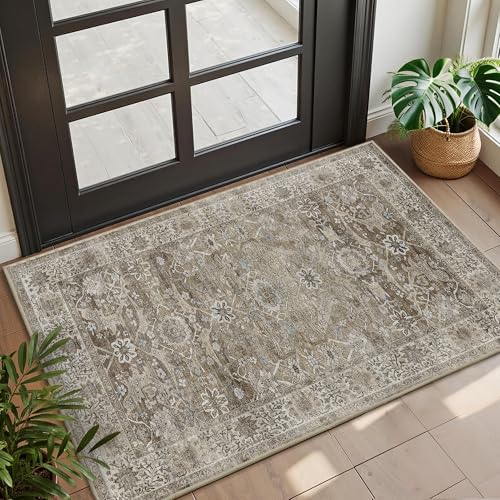 2x3 Entryway Rug Brown Grey Washable Vintage Rugs for Entryway Kitchen Low Pile Non-Slip Door Mat Traditional Distressed Small Throw Carpet for Kitchen Entrance Bathroom Antique/Moss - color: Brown Grey, size: 2'*3'(Rectangular)