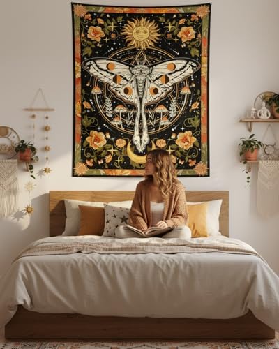 Aipon Orange Moth Tapestry Boho Retro Floral Flowers Tapestries Aesthetic Vintage Mushroom Tapestries Bedroom Indie Vertical Tapestry Wall Hanging for Living Room Dorm (44.00'' × 60.00'', Orange) - color: Orange, size: 60"L x 44"W