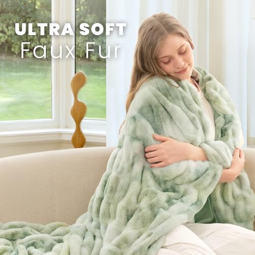 Faux Rabbit Fur Throw Blanket, Ultra Soft Plush Cozy Blanket for Couch Bed, Thick Fluffy Ruched Tie-Dye Decorative Blanket, Giftable,50"x60",Tie-Dye Sage - color: Tie-dye Sage, size: Throw(50"x60")