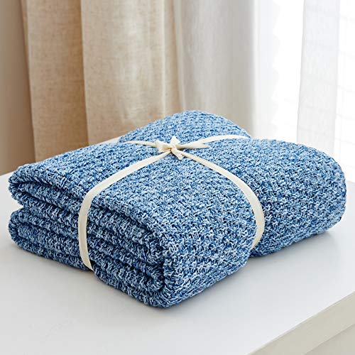 Longhui bedding 100% Cotton Knitted Throw Blanket – Blue White, Soft & Cozy, Machine Washable, 51"x63" – Perfect for Living Room, Couch, Sofa, Bed or Travel - color: Blue White, size: 51" x 63", Standard