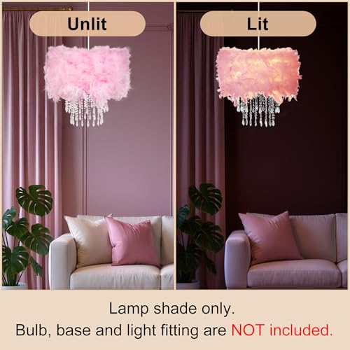 Feather Lamp Shade with Acrylic Beads Droplets, Soft Lampshade for Pendant, Table, Floor & Wall Lighting, Bedroom Wedding Decor, ID 11.8inch, OD 15.7inch, Pink - color: Pink, size: 15.7 inches
