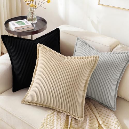 decorUhome Summer Corduroy Black Throw Pillow Covers 16x16 Set of 2 Decorative Soft Boho Farmhouse Couch Pillow Covers for Living Room Bed Sofa Broadside Striped Pillow Cases - color: Black, size: 16" x 16" (Pack of 2)