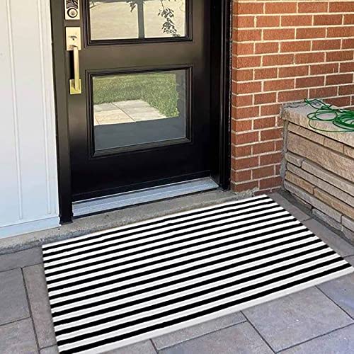 Black and White Outdoor Rug 27.5'' x 43'' Striped Front Porch Rug Hand-Woven Cotton Rug Machine Washable Floor Mat Indoor/Outdoor Area Rug for Layered Door Mats/Farmhouse/Living Room (27.5'' x 43'') - color: Black&white Stripe Bb, size: 2'4" x 3'7" (Recta