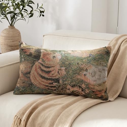 Cute Cat Garden Lumbar Throw Pillow Cover 12x 20, Art Painting Linen Pillow Cushion Cases, Farmhouse Decorative Pillows for Bed, Outdoor Couch Bedroom Car Green - color: Green