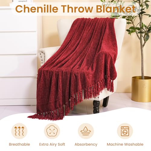 Burgundy Red Chenille Throw Blanket for Couch Bed，Soft Cozy Throw Blanket with Handmade Fringe, Decorative Blanket for Sofa Chair Living Room for Gift, (Burgundy Red) - color: Burgundy Red, size: 50“ x 60"