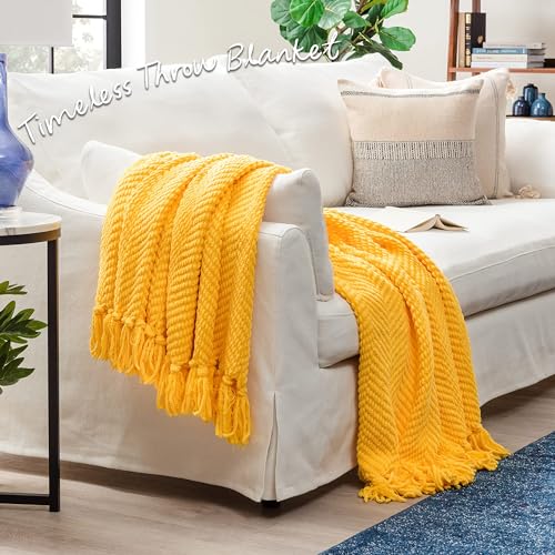 Chanasya Premium Textured Knit Throw Blanket with Tassels - Soft, Cozy Blanket for Couch, Bed, Living Room - 50" x 65” - Bright Yellow - color: Bright Yellow