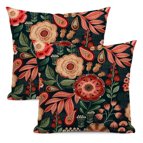 Boho Floral Pillow Covers 18x18 Set of 2, Spring Red Flower Outdoor Decorative Botanical Flowers Tropical Leaves Throw Pillows Retro Green Floral Couch Cushion Case for Chair Sofa Bedroom - color: Vc7, size: 18" x 18" (Pack of 2)