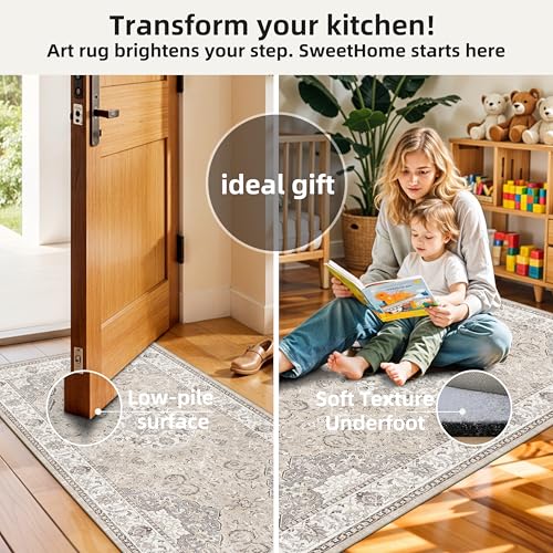 2-Piece Kitchen Runner Rug Set: Washable Non-Slip Floor Mats for Sink & Stove Cooking Area Soft Low Pile Water-Resistant Carpet for Dishwasher Fridge Fronts Durable Kitchen Island Mats(2x3+2x4,Beige) - color: Beige, size: 2x3+2x4