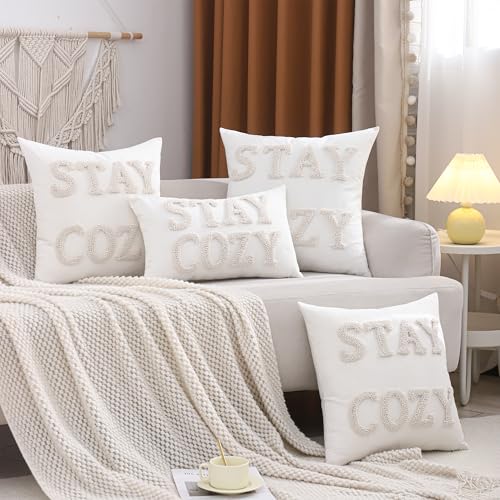 LUOYEHK Embroidered Stay Cozy Pillow Covers 20x20 Inch Decorative Throw Pillow Covers Natural Farmhouse White Square Pillow Cases Cushion Covers for Couch Sofa Bed Living Room Spring Decor (1 Piece) - color: Stay Cozy, size: 20" x 20" (Pack of 1)