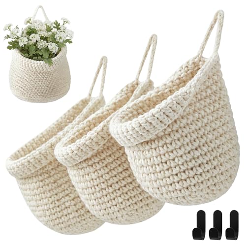 Honeydak Boho Decor Hanging Wall Baskets for Kitchen 3 Pack Teardrop Baskets with Hooks Storage Fruit Onion Vegetable Potato for Home 3 Sizes(White,Barrel,Cotton Rope) - color: White, size: Cotton Rope, style: Barrel