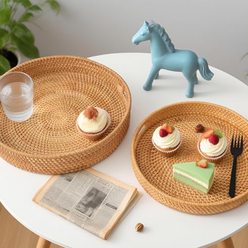 Round Rattan Serving Tray, Natural Wicker Decorative Tray for Serving, Fruit/Bread Serving Basket, Round Woven Tray with Handles.(Large:14inch) - size: 13.8"