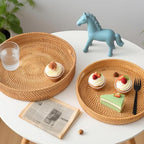 Round Rattan Serving Tray with Handles, Natural Wicker Decorative Tray for Serving, Fruit/Bread Serving Basket, Round Woven Tray，13.8inch+11.8inch, Gift Idea Choice (M+L) - size: 13.8"+11.8"