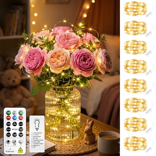 8 Pack Rechargeable LED Fairy Lights 7Ft 20LED Battery Operated with Remote, DIY Timer & 8 Modes, Mini Twinkle String Lights for Indoor Christmas Wedding Mason Jar Bedroom Table (Warm White) - color: Warm White