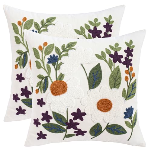 Embroidered Throw Pillow Covers 18x18 Pack of 2 Green Leaves Daisy Pillow Covers Floral Pillowcases Farmhouse Pillow Cushion Cases Square Flower Boho Pillow Case Summer Decor - color: White Daisy