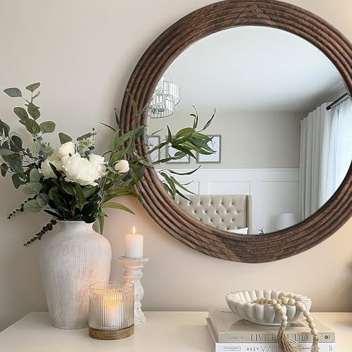 LOSOUR Round Mirror, Farmhouse Decor Solid Wood Frame Wall Circle Mirror, Decorative Mirrors for Bathroom Over Sink, Living Room, Entryway,Bedroom, Entryway, Hallway,Foyer (1, Coffee, 24" L x 24" W) - color: Coffee