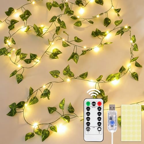 DomeStar 40Ft 120 LED Pothos Vines String Lights with Remote, Fairy Lights with Artificial Greenery Vines for Bedroom, Dorm, Wall, Wedding, Party, Indoor Outdoor Holiday Home Decor - style: 40Ft-120LED-Green Vine