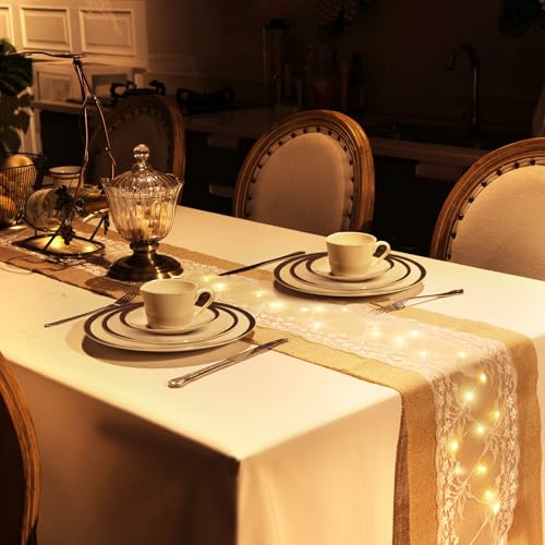 Xinnun 6 Pack Burlap Table Runner with Warm LED Lights,Rustic Lace Wedding Table Decor,Boho Farmhouse Jute Runner for Reception Bridal Shower Party(Fashion,12x70 Inches) - size: 12x70 Inches, style: Fashion