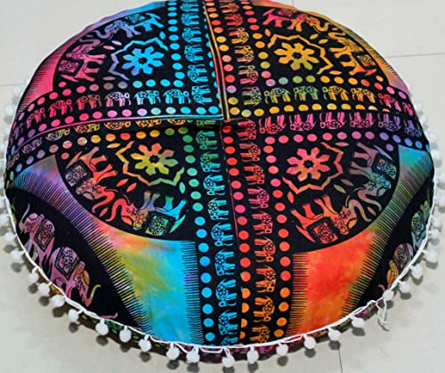 Round Mandala Floor Pillow Cover Seating Cushion Throw Cover Hippie Decorative Bohemian Ottoman Pouf Cover, Pom Pom Pillow Cases,Boho Indian 22 Inches (Multi Up hathi) - color: Multi Up Hathi