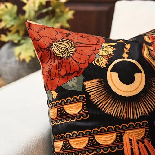 Tyrot Black Boho Floral Velvet Throw Pillow Covers Set of 2 Farmhouse Cushion Covers Mid Century Botanical Home Decor Accent Pillow Cases for Couch Sofa Living Room, Bedroom, 20x20 Inches - color: Tropical Ember, size: 20" x 20" (Pack of 2)