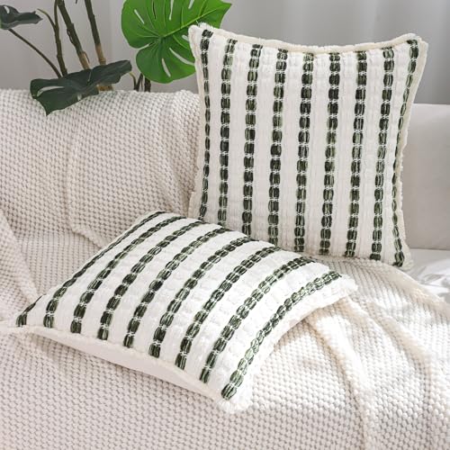 LUOYEHK Chenille Striped Throw Pillow Covers 20x20 Inch Set of 2 Boho Decorative Pillowcases with Fringe Farmhouse Neutral Green and Beige Cushion Covers for Couch Sofa Bed Living Room - color: Green and Beige, size: 20" x 20" (Pack of 2)