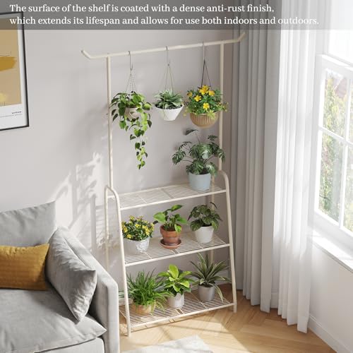 Kitsanery Plant Stand Indoor Outdoor,Metal Plant Stands for Multiple Plants,3 Tier Tall Hanging Plant Shelf,Large Heavy Duty Flower Holder Ladder Plant for Living Room, Patio, Balcony (White) - color: White