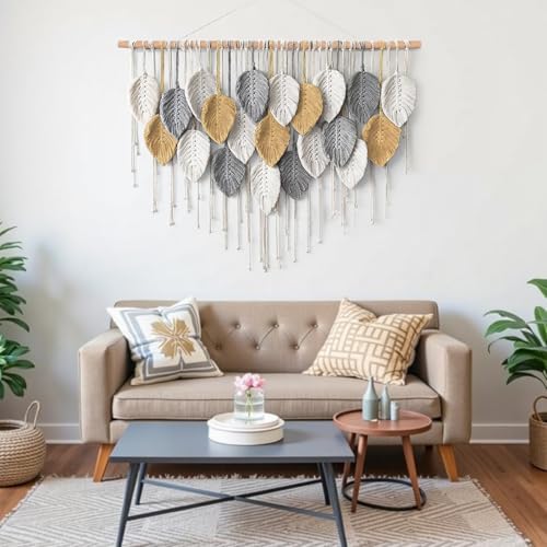 KHOYIME Large Macrame Wall Hanging Boho Woven Tapestry, Chic Modern Home Decor Bohemian Farmhouse Handmade Leaf Feather Wall Art Decorations for Living Room Bedroom Nursery Dorm Backdrop 39"W X 29.5"L - color: Yellow-39"W x 29.5"L