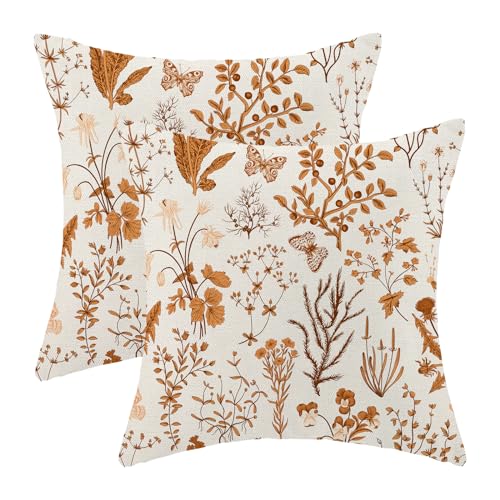 AEIOAE Fall Pillow Covers 16x16 Inch Set of 2,Burnt Orange Wild Flower Plant Throw Pillows Case,Seasonal Floral Outdoor Decorative Square Linen Farmhouse Decor Cushion Covers for Home Sofa Bed Couch - color: Burnt Orange Wild Floral, size: 16" x 16" (Pack