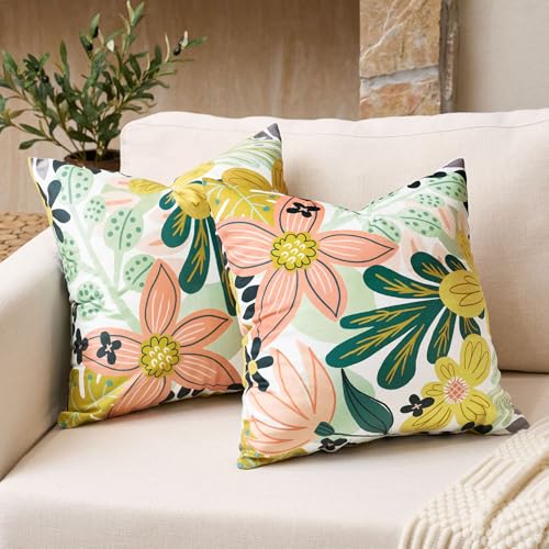 Tyrot Boho Floral Velvet Throw Pillow Covers 18x18 Inch Set of 2 Farmhouse Cushion Covers Mid Century Modern Botanical Home Decor Accent Pillow Cases for Couch Bed Sofa Living Room, Bedroom, Green - color: Rose Garden, size: 18" x 18" (Pack of 2)