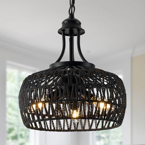 Farmhouse Chandeliers for Dining Room, 3-Light Rustic Ceiling Fixture with Twine Making Lampshade, Adjustable Height Chandelier for Bedroom, Kitchen, Bedroom (Balck) - color: Black, size: 3-Lights 12.6 in