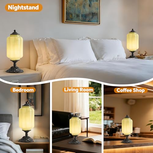 Milk Glass Table Lamp, Touch Control with USB Charging Port Vintage Bedside Desk Lamp Stepless Dimming for Bedroom Living Room Nightstand Led Bulbs Included （Green）