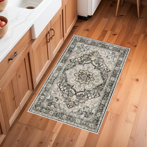 Washable Oriental Area Rug - 2x3 Rugs for Living Room Soft Carpet for Bedroom Waterproof Floral Distressed Indoor Stain Resistant Non-Shedding Floor Carpets (Black/Grey, 2x3) - color: Black/Grey, size: 2' x 3' (Rectangular)