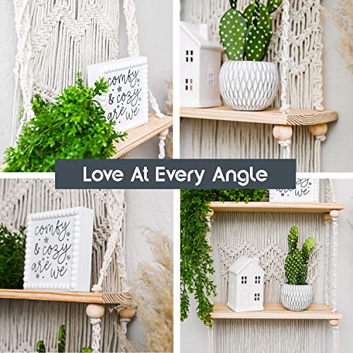 SnugLife 2 Tier Macrame Wall Hanging Shelf with Woven Rope - Boho Pine Wood Shelves for Plants, Bathroom, Kitchen - size: 2 Tier