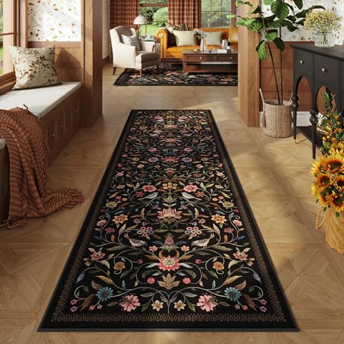 Vintage Medallion Floral Kitchen Runner 2x6, Machine Washable Rug, Soft Low Pile, Non-Slip Carpet for Hallways, Laundry, Bedroom, Bathroom, Entryway | Black - color: Black, size: 2' x 6' (Rectangular)