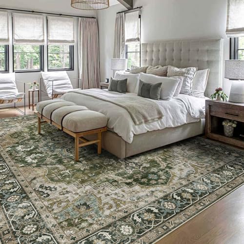 LUXRUG Area Rugs 9x12 Living Room - Large Washable Moss Green Boho Rugs for Bedroom Soft Vintage Rug Ultra-Thin Farmhouse Oriental Carpet Stain Resistant Rug for Dining Room Guest Room Home Decor - color: Moss Green, size: 9' x 12' (Rectangular)