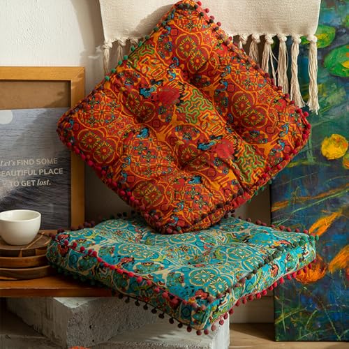 ELEFOCUS Blue Bohemian Seat Cushion,Indoor Boho Chair Cushions for Dining Chairs,Square Chair Pad,Decorative Seat Cushions for Kitchen Chairs (Blue Square A 16X16) - color: Blue Square a 16x16