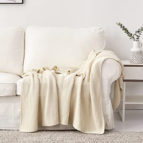 Longhui bedding 100% Cotton Knitted Throw Blanket – Cream, Soft & Cozy, Machine Washable, 51"x63" – Perfect for Living Room, Couch, Sofa, Bed or Travel - color: Cream, size: 51" x 63", Standard