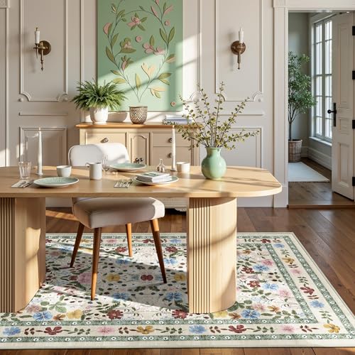 Floral Area Rugs 4x6 Washable Living Room Bedroom Carpet - Vintage Boho Thin Non-Slip Soft Low Pile Floor Mat Indoor Home Decor for Dining Room Playroom Farmhouse, Beige/Green/Multi - color: Beige/Green/Multi, size: 4' x 6' (Rectangular)