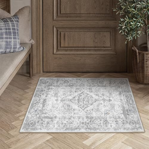 PureCozy Grey 2x3 Washable Area Rug for Living Room Vintage Floral Medallion Soft Small Door Mat Low Pile Non Slip Distressed Indoor Office Carpet for Bedroom Dining Room Nursery - color: Grey, size: 2' x 3' (Rectangular)