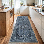 Bloom Rugs Caria Washable Non-Slip 7 ft Runner - Blue/Charcoal Traditional Runner for Entryway, Hallway, Bathroom, and Kitchen - Exact Size: 2'6" x 7' - color: Blue / Charcoal, size: 2'6" x 7' (Runner)