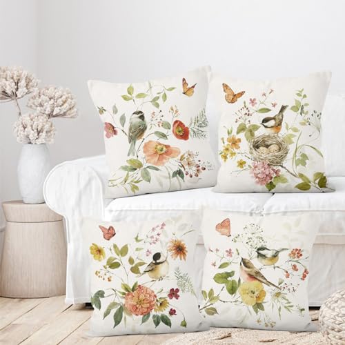 Birds Throw Pillow Covers, Flower Floral Vintage Decorative Pillow case, 4-Pack Double-Side Printed Pillowcases for Sofa and Living Room, 16x16 in - color: 20, size: 16" x 16" (Pack of 4)
