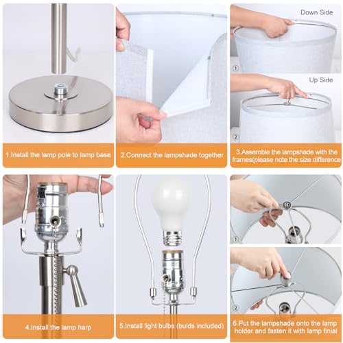 JUNNAI Table Lamps Set of 2, Bedside Lamp Silver Tall Table Lamps for Living Room End Tables, 22" to 30" Adjustable Height Lamp for Bedroom Nightstand Farmhouse with Pull Chain(Bulbs Included) - color: Silver+Gray Shade Set of 2