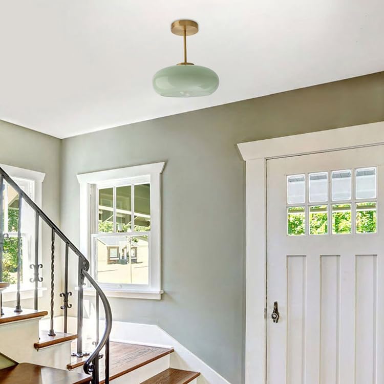 Milk Glass Ceiling Light Semi Flush Mount Ceiling Lights fixtures with Milk Green Glass Shade Mid Century Modern Flush Mount Lighting Gold Brass Close to Lamp for Hallway Kitchen Sink - color: Milk Green 2