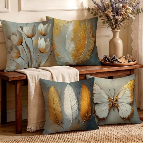 OBSEDE Bohemian Feathered Butterfly Decorative Throw Pillow Covers 18 × 18 in, Set of 4, Couch Cushion Cases Inserts for Sofa Bed Living Room Home Decor, Single Side Print - color: Bohemian Feather Butterfly Design, size: 18" x 18" (Pack of 4)