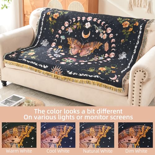 Boho Throw Blanket Reversible Cotton Bohemian Tapestry Hippie Room Decor Outdoor Blanket Double Sided (Black Butterfly 50"x60") - color: Black Butterfly, size: 50*60 inch