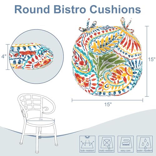 LVTXIII Outdoor Bistro Chair Cushions, 15"x15"x4" Round Patio Chair Cushions, All Weather Tufted Seat Cushions for Patio Furniture Use, Set of 2, A Paisley Ummi Multi - color: A Paisley Ummi Multi