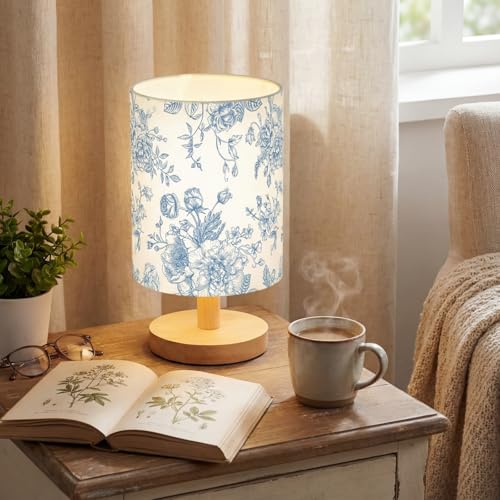 VIHOSE Blue Floral Kids Table Lamp for Bedroom Kids Bedside Lamp with Linen Wooden Nightstand Cartoon Nursery Lampshade for Girls Boys Living Room - style: Blue Floral
