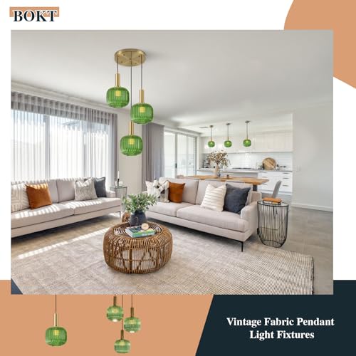 BOKT Mid Century Green Glass Pendant Lights 2-Light Mini Globe Ceiling Pendant Light Ribbed Glass Pendant Light Gold Finish Hanging Light Fixture for Kitchen Island Foyer - color: Green-2 Pack